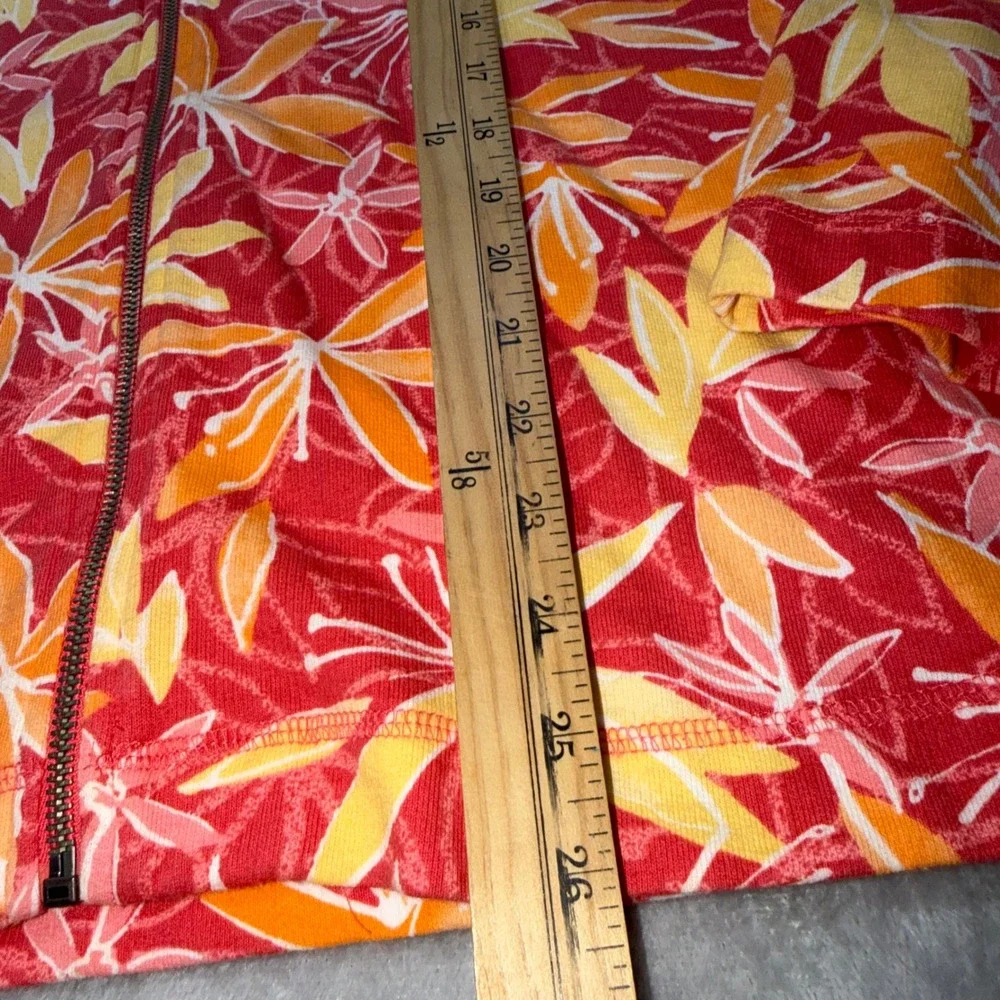 Tropical Floral Full Zip Mock Neck Jacket Red Orange Yellow Cotton Size M Casual